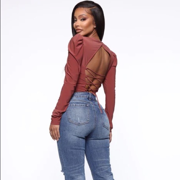 NWT Marsala Brown Puff Sleeve Square Neck Lace Up Long Sleeve Crop Top - Picture 14 of 15